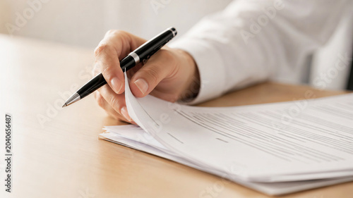 Photos Close-up of a person holding a luxury pen while flipping through pages of a busi
