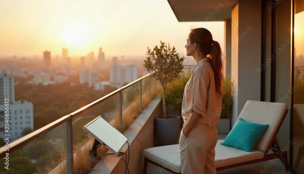 Naklejka premium Woman on city apartment balcony gazes at urban skyline sunset. Portable solar panel powers home. Relaxing on terrace with city view, enjoying warm light and green energy.