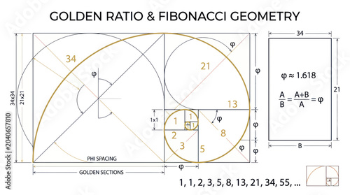 Golden Ratio and Fibonacci Sequence Geometry with Spiral and Calculations