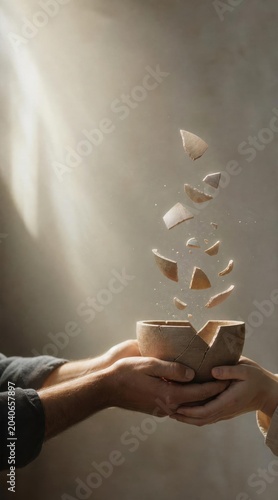 Broken bowl fragments floating above hands receiving, symbolizing repair and hope for restoration