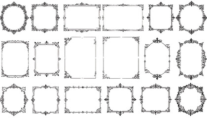 Collection of ornate decorative borders and frames, vintage filigree elements, corner flourishes, elegant design accents