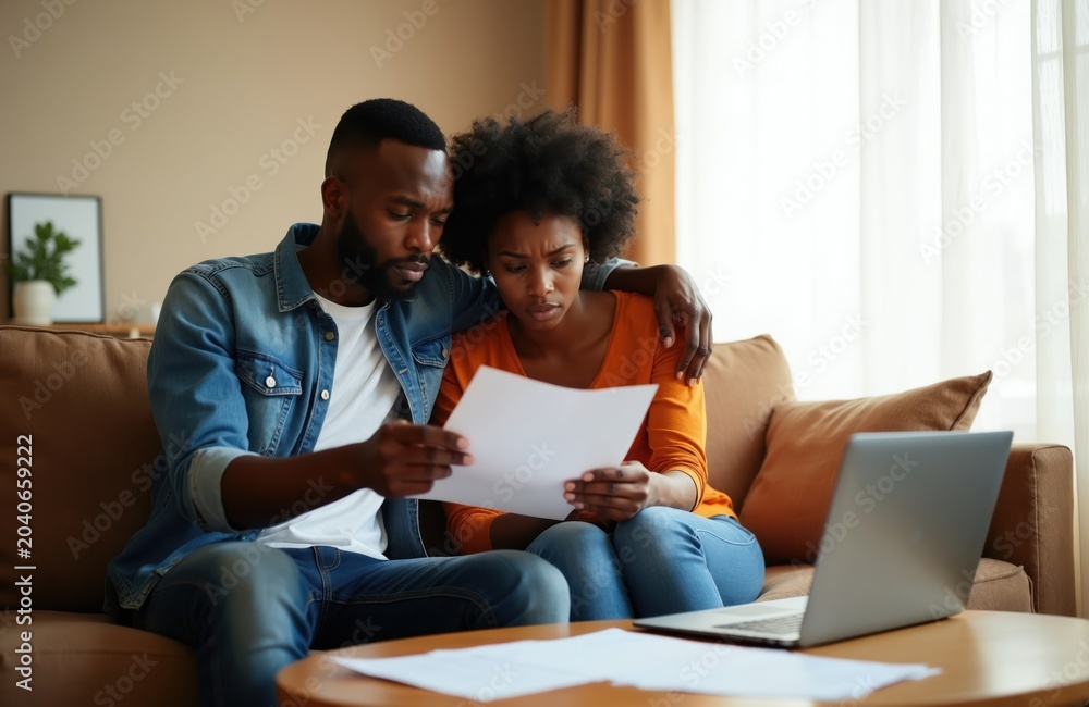 Fototapeta premium Young Black couple sits on couch looking worried at bills and laptop. Man puts arm around woman, both concerned about finances. They review paperwork together at home.