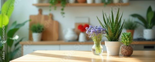 Kitchen counter displays potted plants and small purple flowers. Aloe vera plant and succulent sit near a glass vase with green plants. Wooden cutting boards hang in background.