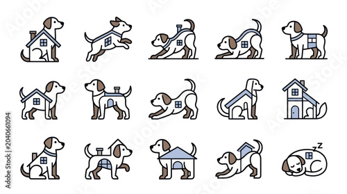 Картината върху платно Dog House Icons: Cute Cartoon Pups Integrated with Home Symbols
