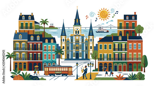 Fotografie New Orleans French Quarter Vibrant Street Scene with Streetcar and Jazz Musician