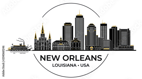 New Orleans Skyline Silhouette with Steamboat and French Quarter Architecture