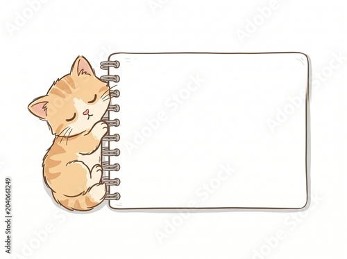 Cute cartoon kitten hugging a blank spiral notebook template vector background for school note design