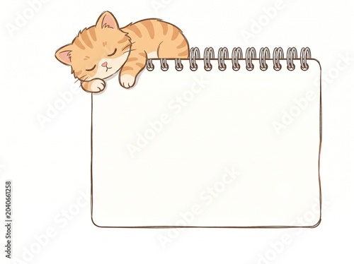 Minimalist kids background template featuring a cute sleeping white cat with empty writing pad
