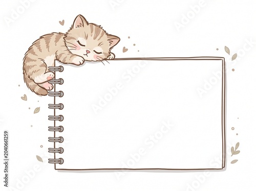 Kawaii kitten border template with spiral paper notebook and colorful pastel abstract shapes