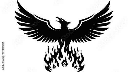 Schilderij op canvas Black Silhouette of Phoenix Bird Rising from Fire Flames