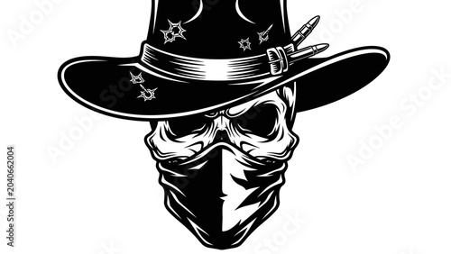 Obraz na plátně Outlaw Skull with Bullet Holes Cowboy Hat and Bandana