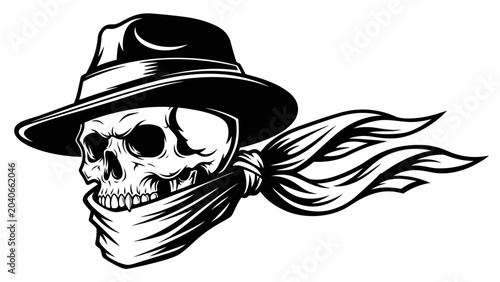 Tableau sur toile Outlaw Skull with Fedora and Bandana Vector Illustration