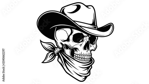 Fotografija Black and White Cowboy Skull Illustration with Bandana