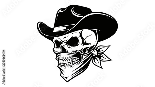 Foto Black and White Cowboy Skull with Bandana Illustration