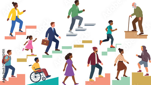 Konstfotografi Diverse people using stairs and ramps vector illustration featuring accessibilit