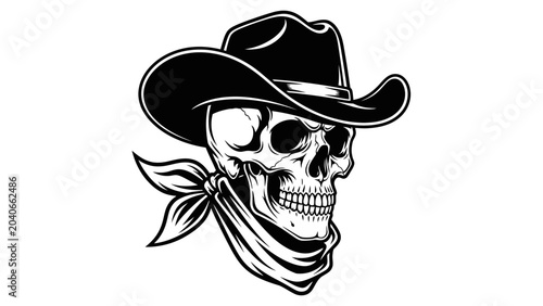 Schilderij op canvas Black and White Cowboy Skull with Bandana Vector Illustration