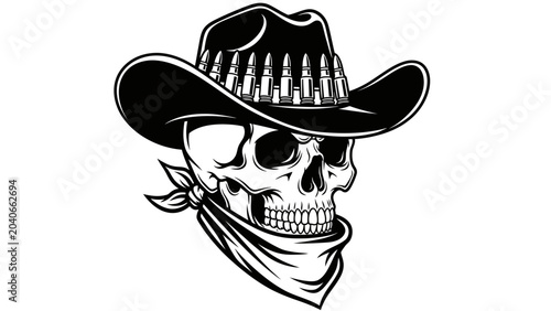 Quadro su tela Black and White Cowboy Skull with Bullet Hat Band and Bandana Illustration