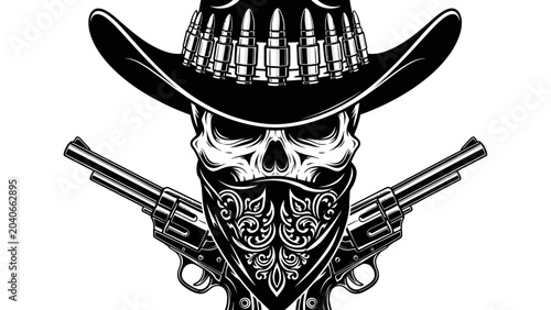 Obraz na plátně Skull Cowboy with Revolvers and Bullet Bandolier Illustration