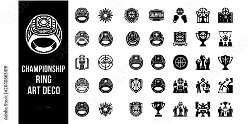 Tableau sur toile Basketball Championship Ring Art Deco Black White-Sunburst Gem Crest Inscription