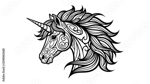 Foto Intricate Ornamental Unicorn Head Line Art Illustration