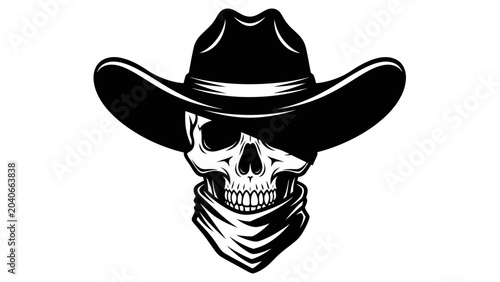 Bild auf Leinwand Black and White Cowboy Skull Illustration with Bandana