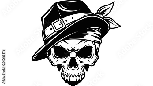 Bild auf Leinwand Black and White Skull Wearing a Fedora Hat Illustration
