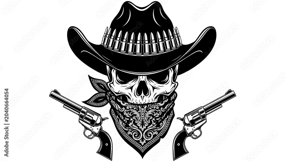 Αυτοκόλλητο Outlaw Cowboy Skull with Revolvers and Bandana Vector Illustration
