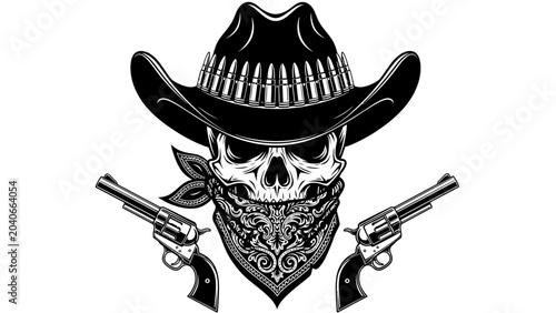 Obraz na płótnie Outlaw Cowboy Skull with Revolvers and Bandana Vector Illustration