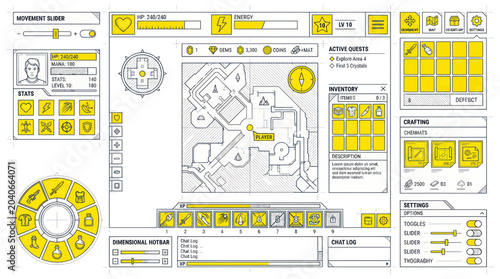 Bild auf Leinwand Video Game Interface, HUD, RPG Map, Inventory, Stats, Crafting, Settings