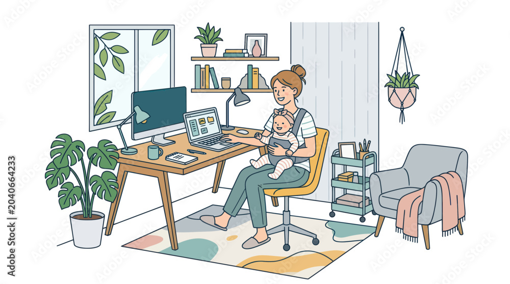 Fototapeta premium Mom Working From Home with Baby in Carrier, Modern Office Setup
