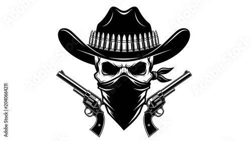 Quadro su tela Outlaw Cowboy Skull with Revolvers and Bullet Hat Emblem