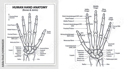 Foto Human Hand Anatomy: Bones and Joints Diagram, Medical Illustration