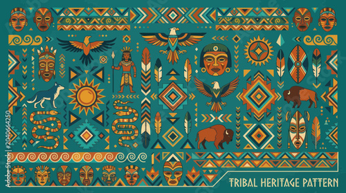 Εκτύπωση καμβά Native American Tribal Pattern Background with Animals and Masks