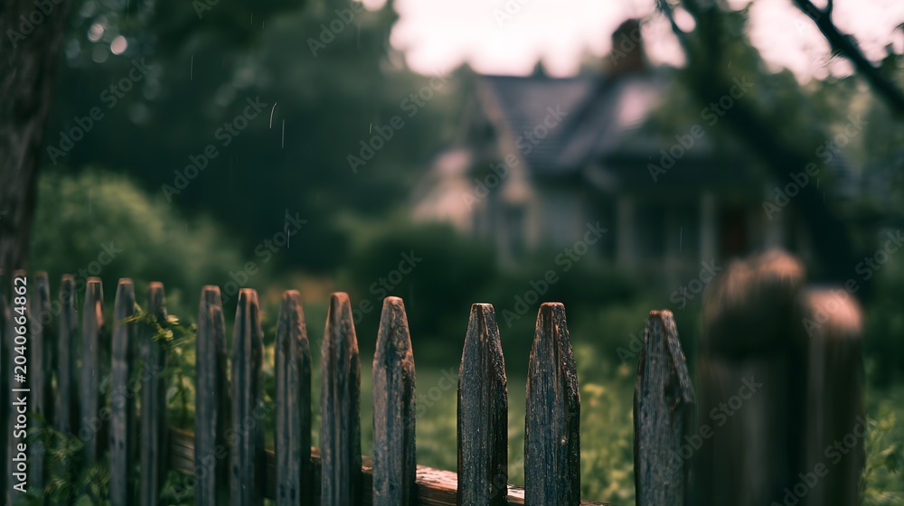 Obraz premium Serene cottage view gentle rain evokes cozy rural life peaceful landscape photography