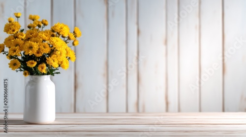 A stunning arrangement of yellow flowers in a white vase, sitting gracefully on a wooden table, exuding warmth and cheerfulness in a serene setting.