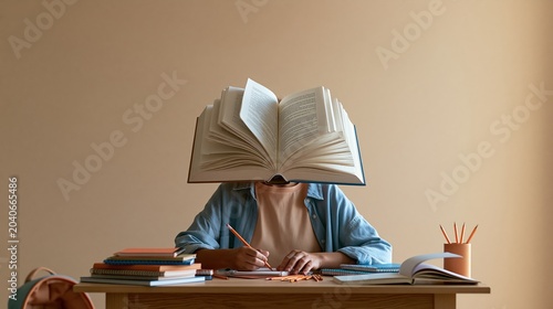 Large open book head on person sitting at desk while organizing school supplies for back-to-school marketing, education planning campaigns and academic editorial features