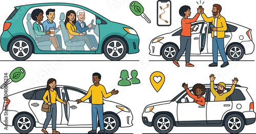 Foto Car sharing and ride hailing service vector illustration featuring passengers, d