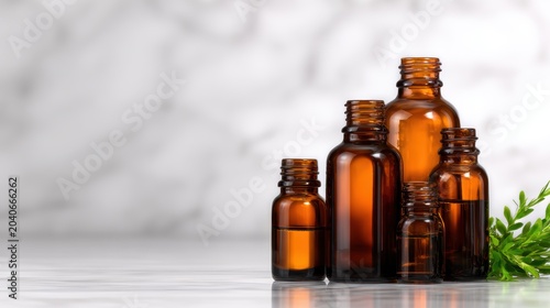 An artistic arrangement of various amber glass bottles against a sleek marble backdrop, reflecting light beautifully and suggesting elegance in design and functionality.