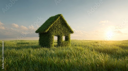 Eco friendly green house made of fresh grass standing in sunny meadow sustainable living.