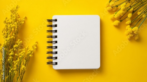 Blank white spiral notebook on a vibrant yellow background with fresh mimosa flowers.