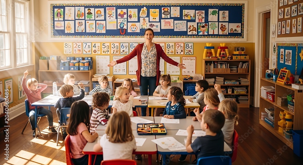 Fototapeta premium Portrait of smiling male teacher in a class at elementary school looking at camera with learning students on background