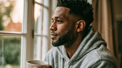 A man in a hoodie sits by a window, holding a mug and gazing thoughtfully outside in natural light.