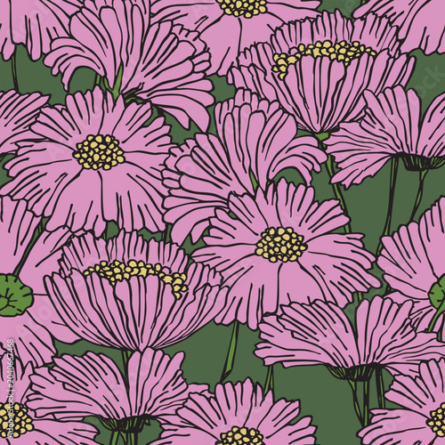 Seamless blooming floral pattern based on hand drawn art ornaments. Colorful flowers, leaves, plants on color background. Vector illustration. Simple minimalistic pattern for fabric, textile.