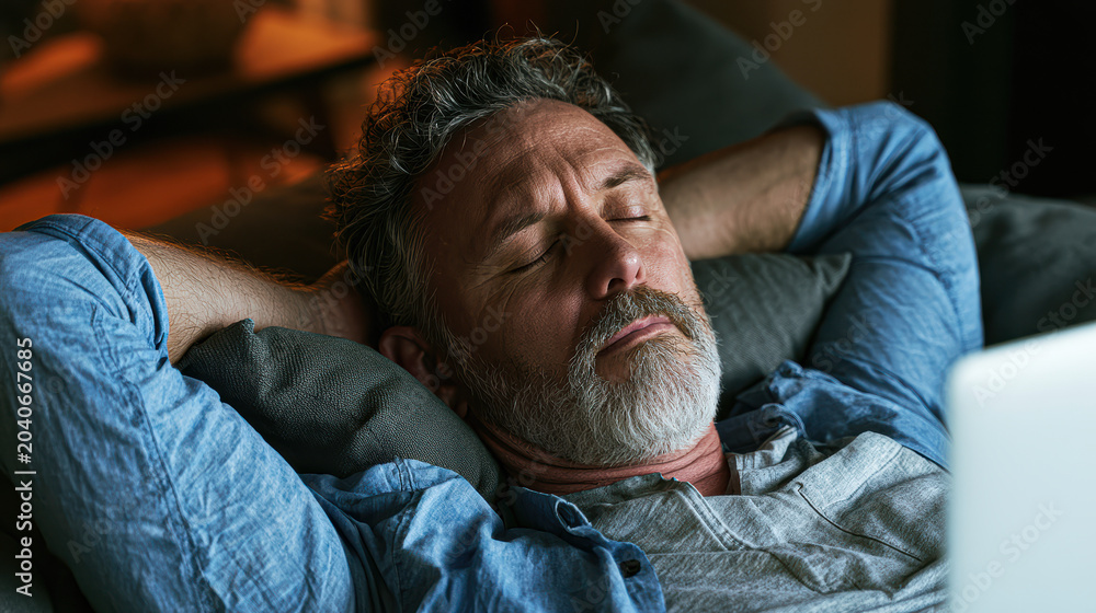 Fototapeta premium A relaxed mature man with grey hair and beard rests on a couch with his hands behind his head, eyes closed, enjoying a peaceful moment indoors.