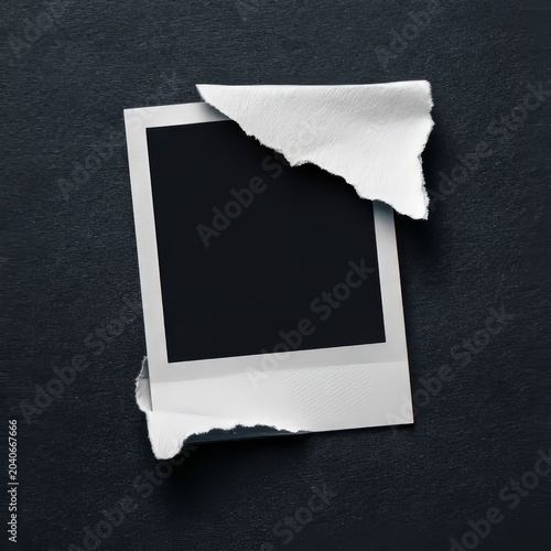 Torn instant photo frame with blank black space for image against dark background.