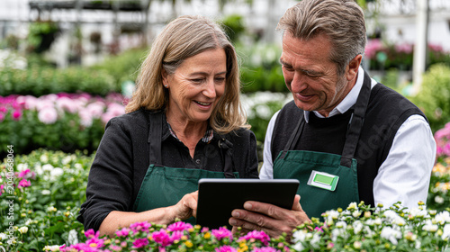 Two senior florists in aprons happily use a tablet while standing among blooming flowers in a greenhouse.