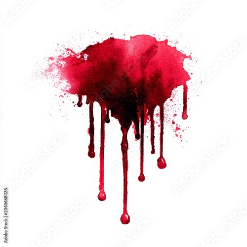 Deep red watercolor blob with long dripping paint drops on clean white background artistic.