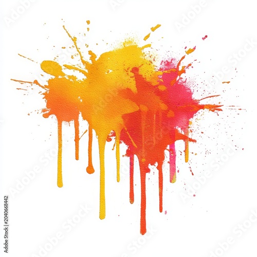 Vibrant orange and yellow watercolor splatter with long colorful paint drips on white art.