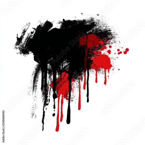 Bold black and red paint strokes abstract grunge splatter with drips on white background.