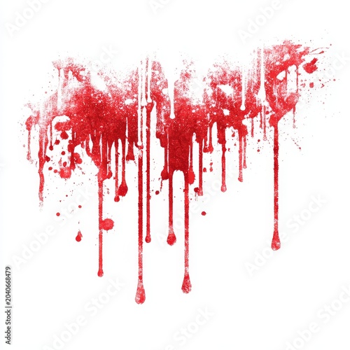 Distressed red paint splatter and long blood like drips isolated on white canvas texture.